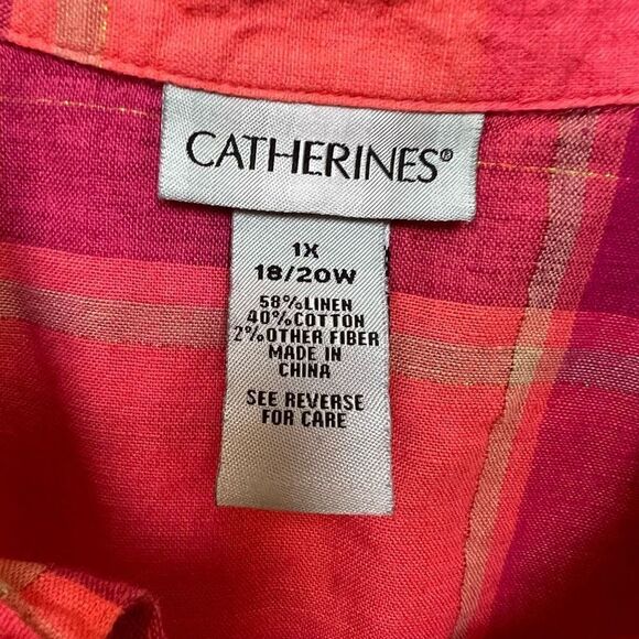 Catherines Linen Blend Plaid Button Up Shirt Top Pink Coral Gold size 1X - Picture 4 of 11